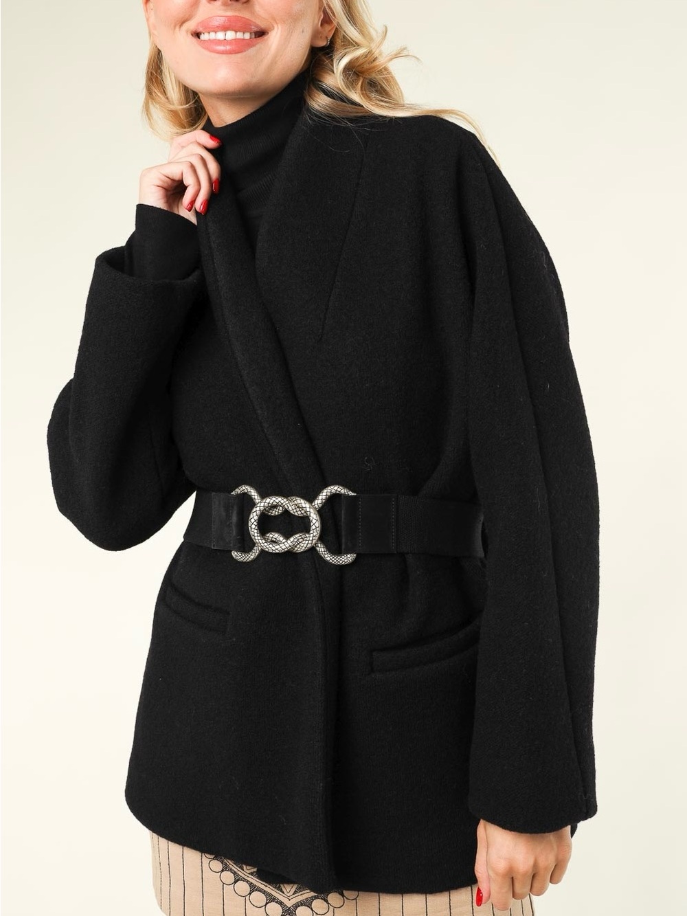 BA&SH Carole Wool Belted Coat Black Wrap Shawl Collar Office Chic Tailored L